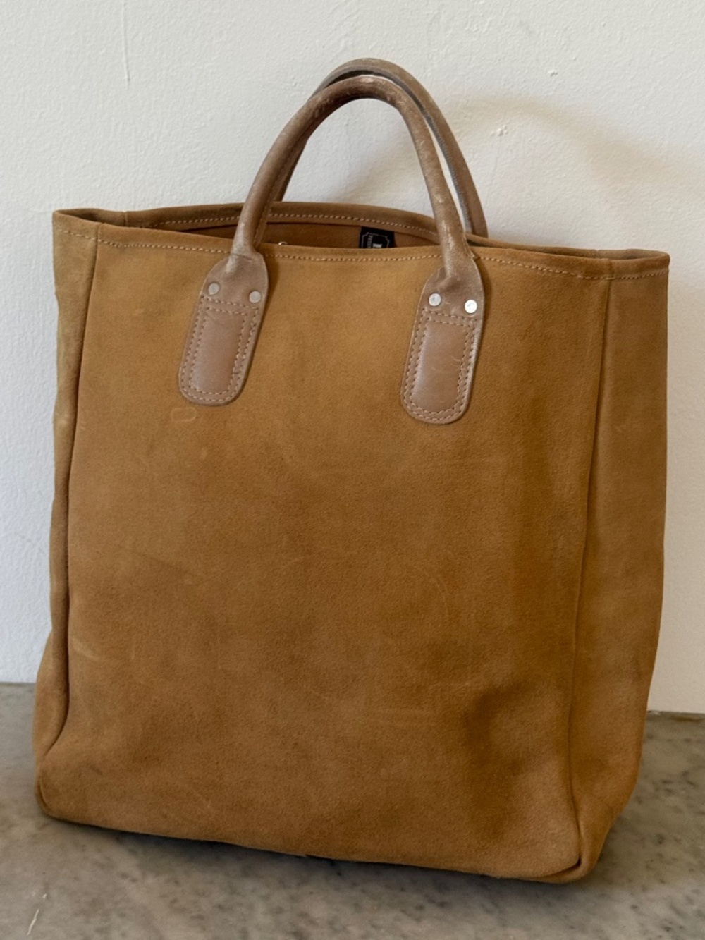 Brookstone Cognac Suede Tote Bag Leather Handles Minimalist Carryall
